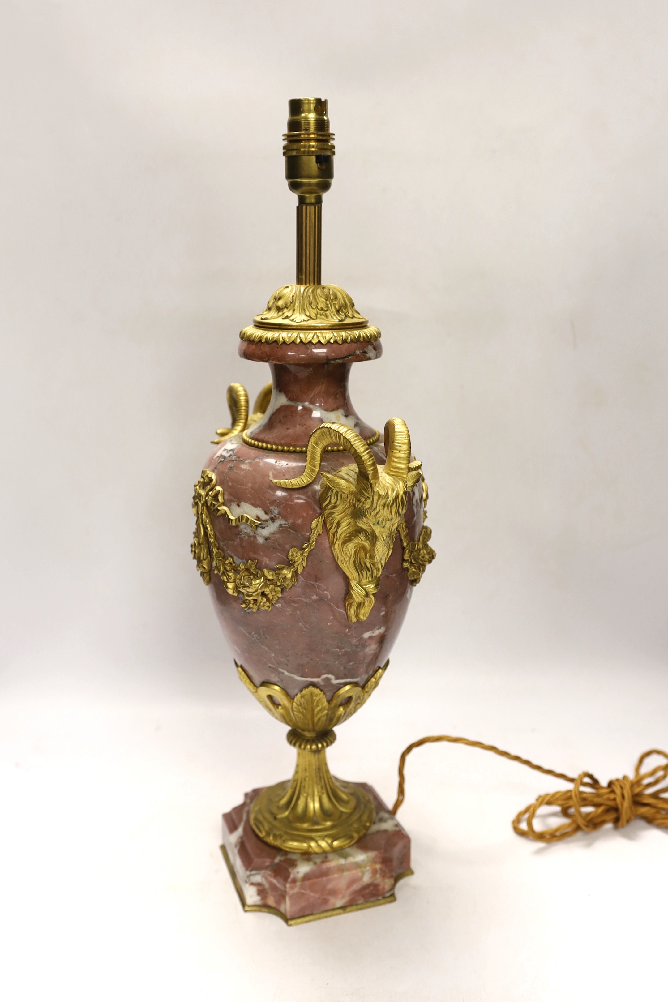 A Louis XVI style ormolu mounted marble table lamp, 52cm